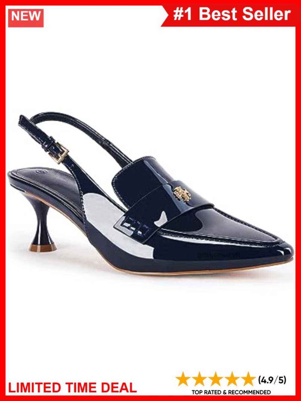 Pointed Toe Slingback Kitten Heel Pumps Patent Leather Ankle Buckle Dress